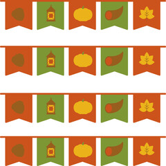 Decor for the party. Halloween flags garlands template. Hand drew different patterns. Bat and pumpkins with kind faces in flat style. Cute characters collection. Set of buntings. Vector illustration.