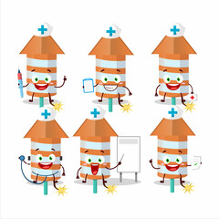 Doctor profession emoticon with rocket firework orange cartoon character
