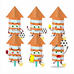 Rocket firework orange cartoon character working as a Football referee