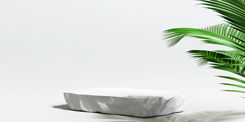 White stone product display podium with nature leaves. 3D rendering