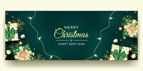 merry christmas and happy new banner design with realistic green decoration