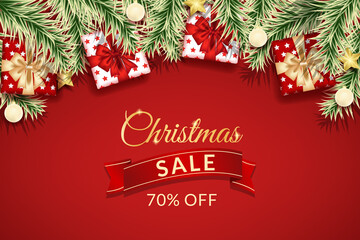 Fototapeta na wymiar merry christmas and happy new year sale banner with realistic red decoration