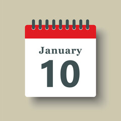 Icon day date 10 January, template calendar page