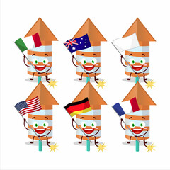 Rocket firework orange cartoon character bring the flags of various countries