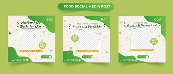 Healthy fresh organic food promotion menu in green and white doodles suitable for promotional social media post square and web ads