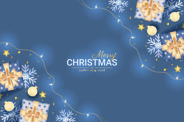 merry christmas and happy new year greeting card with realistic blue decoration