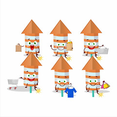 A Rich rocket firework orange mascot design style going shopping