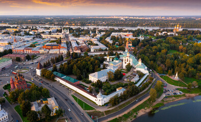 Aerial view of Yaroslavl, Russia. Transfiguration Monastery and Epiphany Church visible from above.