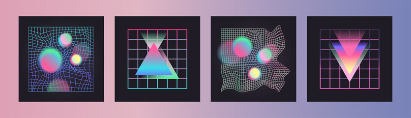 Distorted neon grid pattern and glowing shapes. Abstract vector background. Retro wave, synthwave, rave, vaporwave. Blue, black, pink purple colors. Trendy retro 80s, 90s style. Print, poster, banner