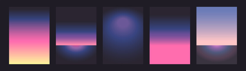 Neon light gradient. Futurism vector art set. Retrowave, synthwave, rave, vapor wave background. Retro, vintage 80s, 90s style. Black, purple, pink, blue, yellow colors. Print, wallpaper, web template - obrazy, fototapety, plakaty