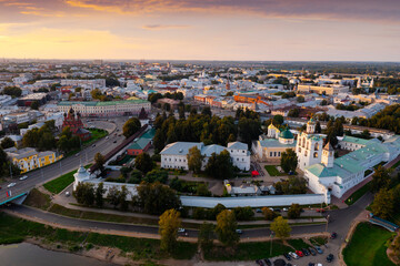 Aerial view of Yaroslavl, Russia. Transfiguration Monastery and Epiphany Church visible from above.