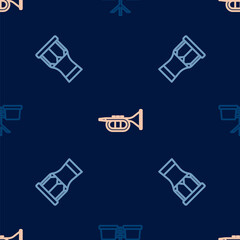 Set line Bongo drum, African percussion and Trumpet on seamless pattern. Vector