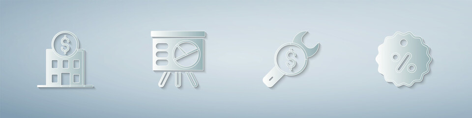 Set Bank building, Board with graph, Repair price and Discount percent tag. Paper art style. Vector