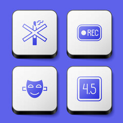 Set No smoking, Record button, Comedy theatrical mask and Rating movie icon. White square button. Vector