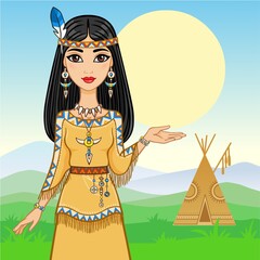 attractive girl in clothes of the American Indian. The inviting gesture. Background - a mountain landscape. Vector illustration.