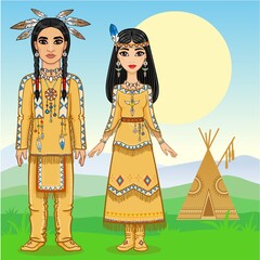 Animation family in clothes of the American Indians. Full growth. Background - a mountain landscape. Vector illustration.