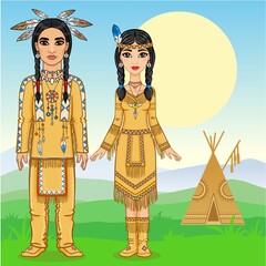 Animation family in clothes of the American Indians. Full growth. Background - a mountain landscape. Vector illustration.