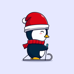 cute little penguin vector illustration design skiing
