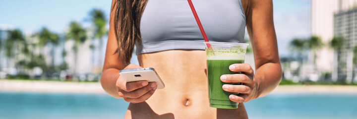 Green smoothie juice cleanse online phone app fitness diet plan banner panoramic. Woman stomach...