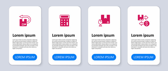 Set Tax cardboard box, Package with fragile content, Calculator and Return. Business infographic template. Vector