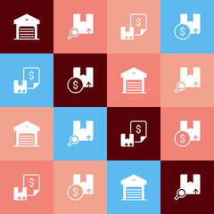 Set pop art Warehouse, Search package, Waybill and Carton cardboard box icon. Vector