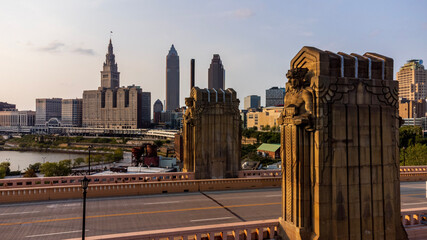 Statues at sunset in Cleveland, Ohio