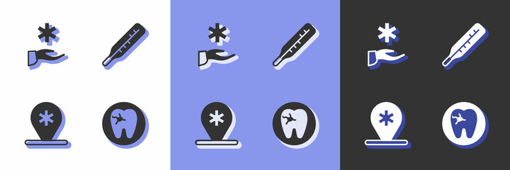 Set Tooth with caries, Cross hospital medical, Location and Medical thermometer icon. Vector