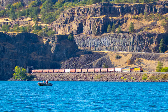 Fishing Boat and Train Along the Columbia River Near Lyle Washington