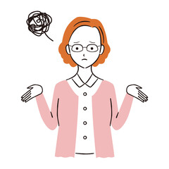 手書き線画カラーイラスト　保護者　困る　眼鏡パーマの女性