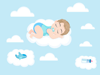 Beautiful baby character sleeping on cloud and flying on sky with cloud and toys