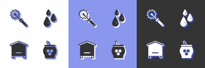 Set Jar of honey and dipper stick, Cutter roll for, Hive bees and Drops icon. Vector