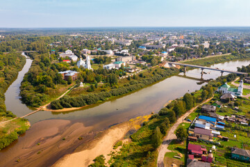 Bird's eye view of Buy, town in Kostroma oblast. Cathedral of the Annunciation can be seen from above.