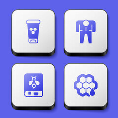 Set Cosmetic tube with honey, Beekeeper costume, Book about bee and Honeycomb icon. White square button. Vector