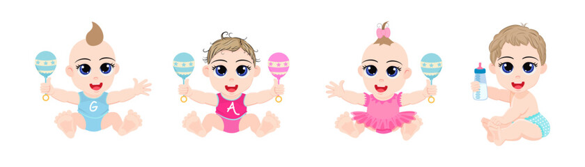 Cute beautiful baby characters siting and playing with toys