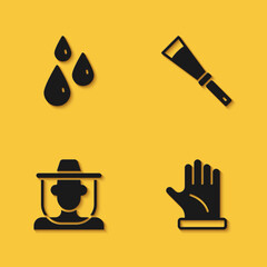 Set Drops of honey, Beekeeper glove, with protect hat and Beekeeping knife icon with long shadow. Vector