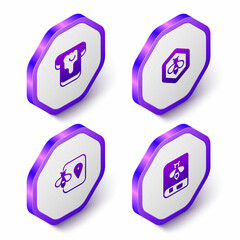 Set Isometric Bread with honey, Bee and honeycomb, location and Book about bee icon. Purple hexagon button. Vector