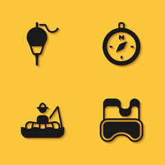 Set Fishing float, Diving mask, Fisherman boat and Compass icon with long shadow. Vector