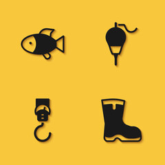 Set Fish, Fishing boots, Spring scale and float icon with long shadow. Vector