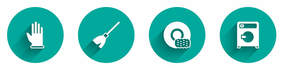 Set Rubber gloves, Handle broom, Washing dishes and Washer icon with long shadow. Vector