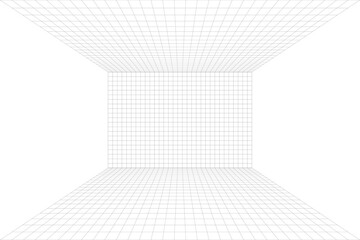 Obraz premium Grid perspective white room with gray wireframe background. Digital cyber box technology model. Vector abstract architectural template