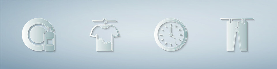 Set Dishwashing bottle and plate, Drying clothes, Clock and . Paper art style. Vector