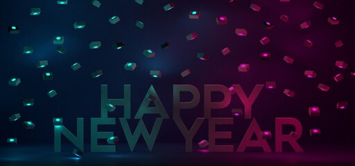 Happy new year background with neon light in dark room background