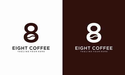 Number 8 coffee cafe logo with coffee latte cup in number 8 shape icon logo design vector template on a white and brown background.