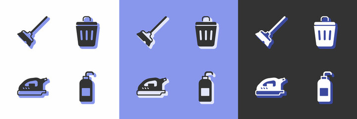 Set Antibacterial soap, Mop, Electric iron and Trash can icon. Vector