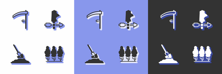 Set Fruit trees, Scythe, Shovel in ground and Rooster weather vane icon. Vector