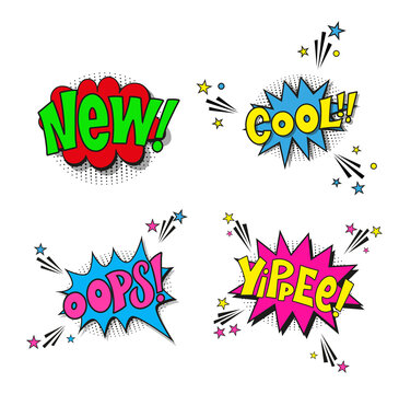 Ser comic lettering new, cool, oops, yippee. Vector bright cartoon illustration in retro pop art style. Comic text sound effects. EPS 10.