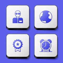 Set Teacher, Earth globe, Medal with star and Alarm clock icon. White square button. Vector