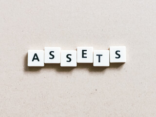 Word ASSETS center placed lettering created using square letter tiles isolated on brown background.