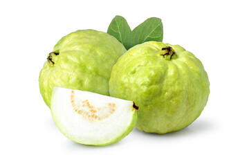 guava with green leaf isolated on white background