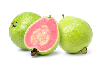 Isolated guavas. guava tropical fruits with pink half slice isolated on white background